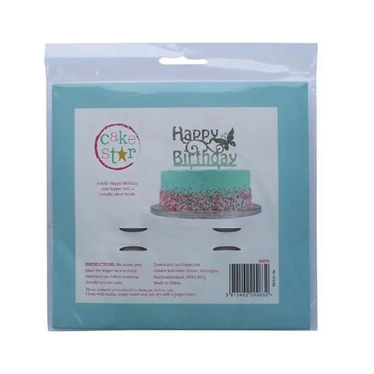 Culpitt Taarttopper Acryl Happy Birthday Zilver 150x85mm Clearance